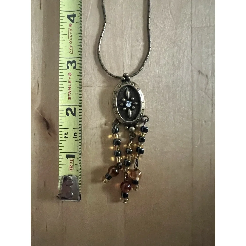 Boho Beaded Tassel Antique Gold Medallion Necklace Black Amber Earrings Set